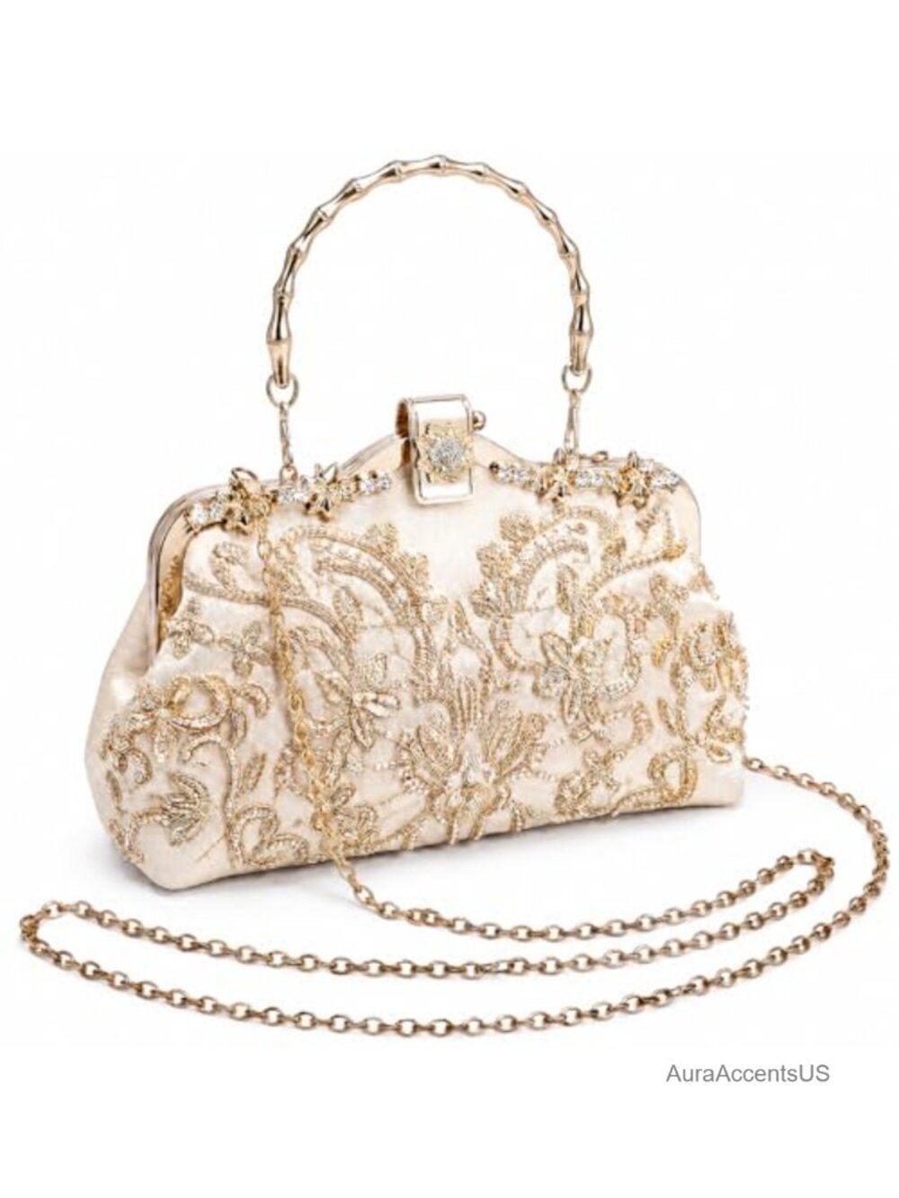 Embroidered Beaded Sequin Clutch Evening Bag with Chain